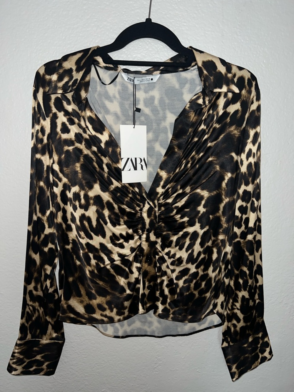 ZARA Leopard Print Ruched Satin Blouse - Black & Brown
